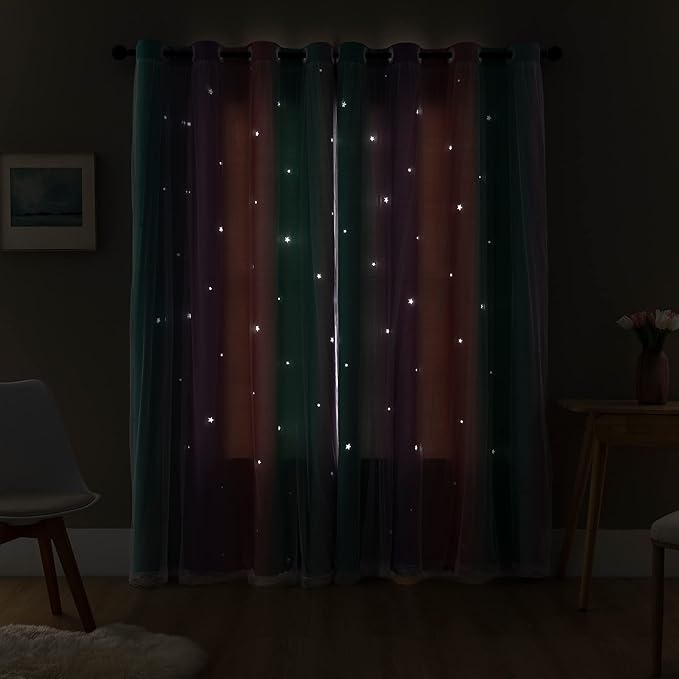 XiDi Dream Star Blackout Curtains for Kids Rooms Girl Princess Curtain for Daughter Bedroom Window (Pink Purple Green, W52 X L96)