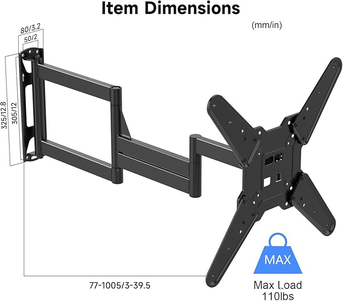 Suptek 40” Long Arm Full Motion TV Wall Mount for 32-65 Inch TVs – Articulating Corner Bracket, Swivel & Tilt, Max VESA 400x400, Holds up to 110 lbs, A7L