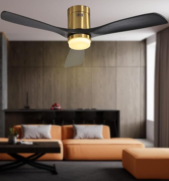 Sofucor 52 Inch Low Profile Ceiling Fan with Light, Solid Wood 3 Blades with Remote Outdoor Ceiling Fan with Light, Dimmable Light, 6-Speed, Timer, Reversible DC Motor for Living Room Bedroom