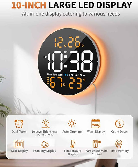 10 Inch Large Digital Wall Clock with 9 Color Changing Remote Control, Date Week Temperature, Auto Brightness Dimmer Big Clock Night Lights,Orange