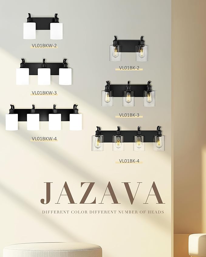 3-Light Black Bathroom Light Fixture Over Mirror, Modern Vanity Light, Clear Glass Wall Sconce, VL01BK-3