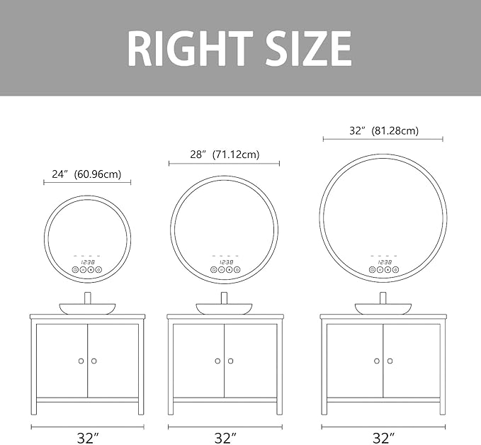 28 Inch Wall-Mounted Round Bathroom Mirror with LED-Lights - Frame Vanity Mirrors (28" x 28", Black)
