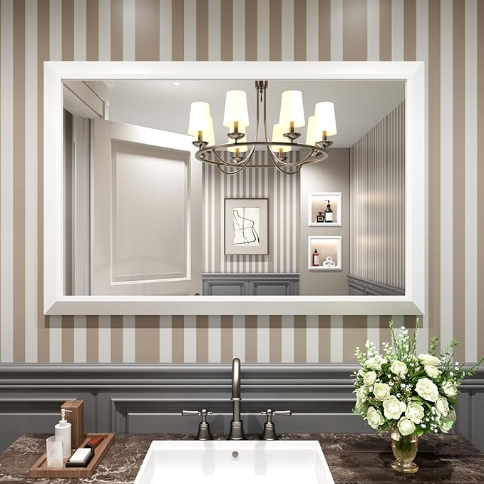 Amorho Bathroom Mirror, 48X32 Inch White Thick Metal Framed Wall Mirrors for Over 2 Sinks, Bedroom, Living Room, Entryway, Large Rectangle Wall-Mounted Mirrors.