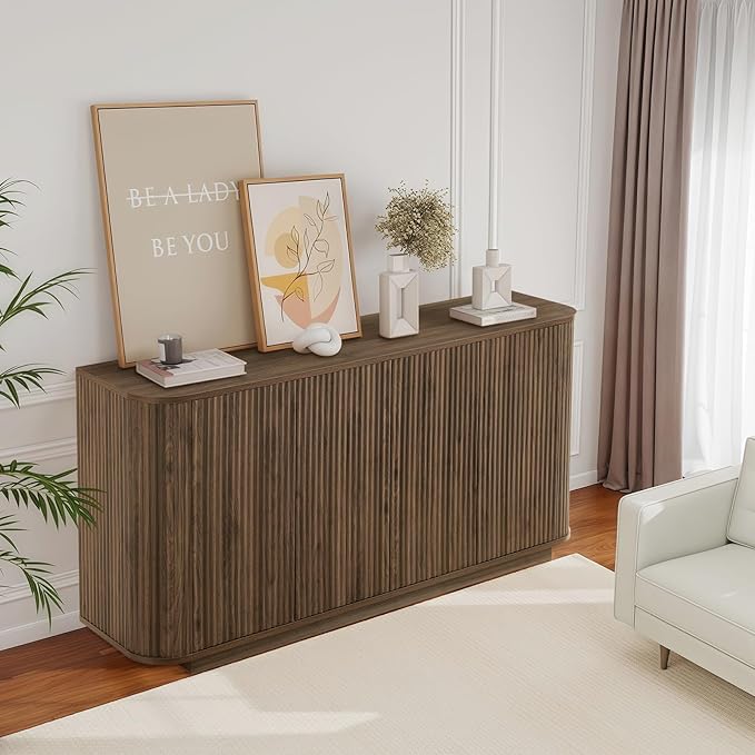 64" Sideboard Buffet Cabinet with Storage, Modern Fluted Accent Credenza with Adjustable Shelves, Wood Media Console Coffee Bar Table for Living Room Kitchen Dining Room, 31.5" H, Walnut