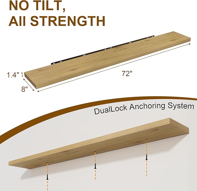 Fun Memories 72 Inch Floating Shelves for Wall, 8 Inch Deep Floating Shelf, Large Shelves with Invisible Bracket for Books|Storage, Rustic Wood Wall Shelf for Bedroom, Kitchen, Living Room, Oak