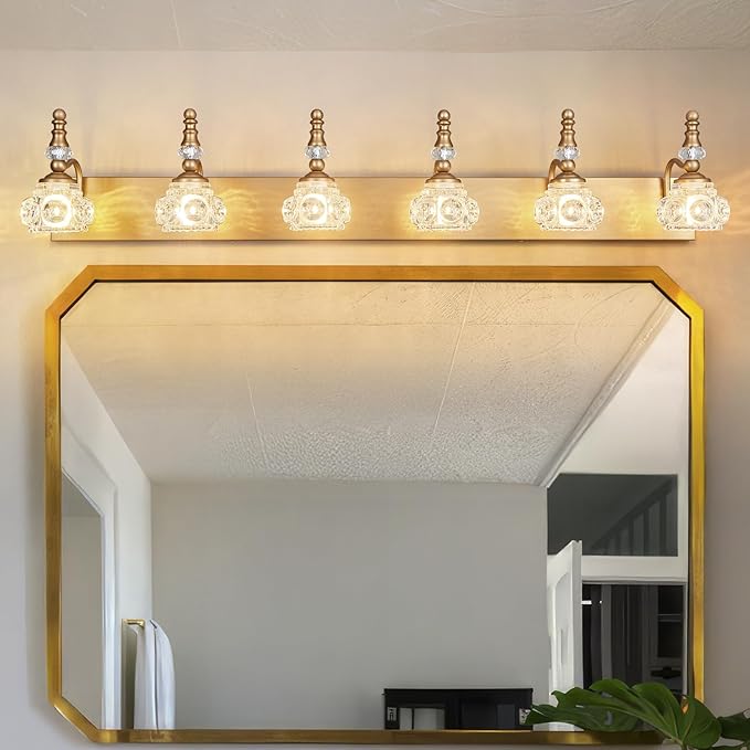 Modern Glass Crystal Vanity Light - Vintage Bathroom Lighting Fixtures Over Mirror, 6 Light Vanity Lights G9 Bulb (43.3 Inch,Brass)