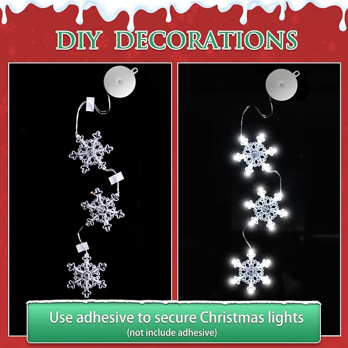 3Pcs Christmas Window Lights Decorations with Timer, Battery Powered Christmas Window Hanging White Lighted Snowflake Shaped LED Sucker String Lamp for Xmas Tree Fireplace Window Indoor Decor