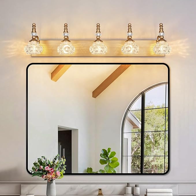 Modern Glass Crystal Vanity Light - Vintage Bathroom Lighting Fixtures Over Mirror, 5 Light Vanity Lights G9 Bulb (35.43 Inch,Brass)