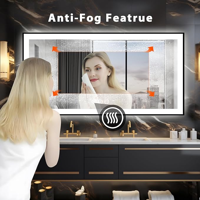 72x36 Lighted Mirrors for Bathroom Wall, Modern Rectangle Matte Black Mirror, Tempered Glass,Double Lights, 3 Colors Dimmable Temperature, IP54 Enhanced Anti-Fog, Memory (Horizontal/Vertical)