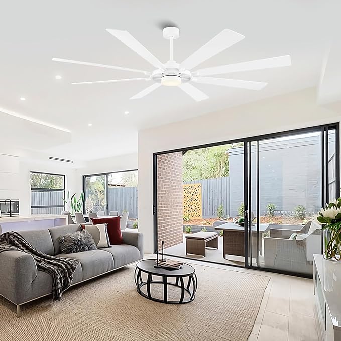 ELEHINSER 72 Inch Ceiling Fan with Lights and 3 Downrods, 8 Plywood Blades, 6-Speed Noiseless Reversible DC Motor, 3CCT, Windmill Ceiling fan for Kitchen Bedroom Living Room, Gloss White