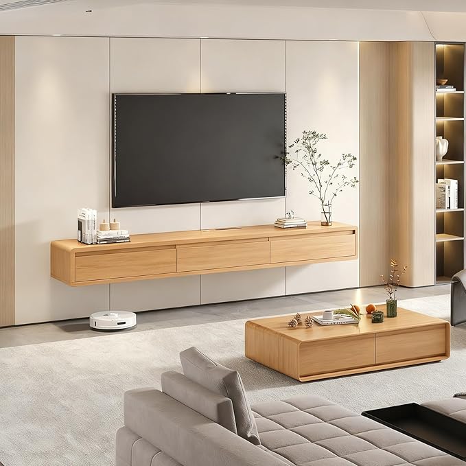 Solid Wood Floating TV Stand, Wall Mounted Entertainment Center with 2 Drawers, Floating TV Shelf for Living Room Bedroom & Office (Natural Wood, 71in)