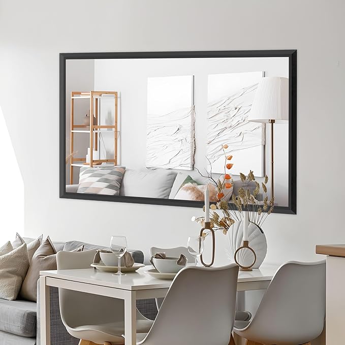 Amorho Black Bathroom Mirror, 60X36 Inch Thick Metal Framed Wall Mirrors for Over 2 Sinks, Bedroom, Living Room, Entryway, Large Rectangle Wall-Mounted Mirrors.