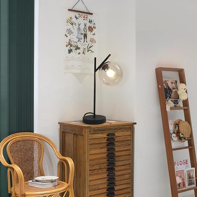 Mid Century Table Lamp Vintage Bedroom Desk Lamp Black Nightstand Lamp Contemporary Clear Glass Globe Bedside Lamp for Office Study Room