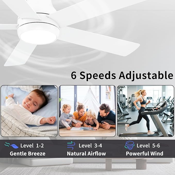 52 Inch White Ceiling Fans with Lights and Remote,LED Low Profile Flush Mount Ceiling Fan for Bedroom,Living Room, with Quiet DC Motor,Dimmable 6 Speeds