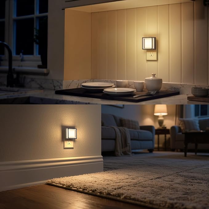 DORESshop Night Light, Night Lights Plug into Wall,2 Pack 3000K LED Nightlight with Adjustable Brightness, Automatic Night Light Plug in with Light Sensor for Bathroom Hallway Room Decor, Silver