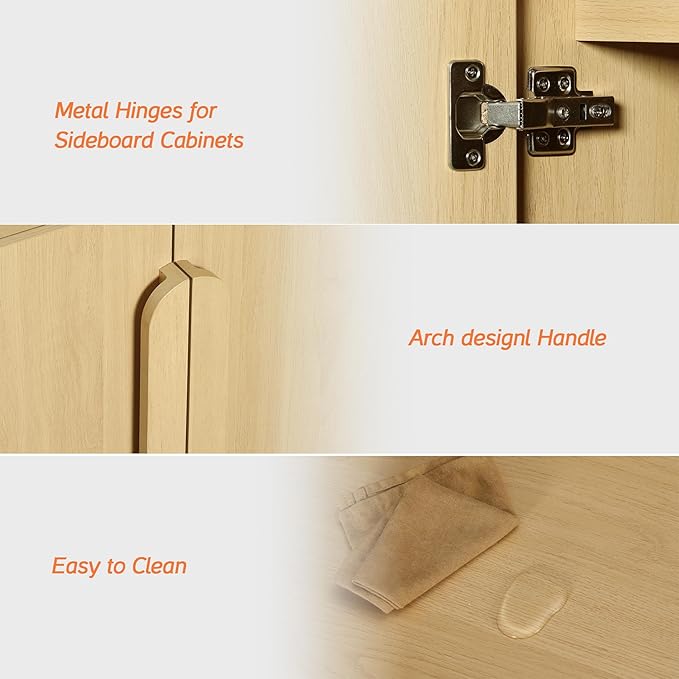 WAMPAT 126" W Large Buffet Sideboard Cabinet with Storages, Modern Buffet Table Coffee Bar Wine Bar Storage Curved Cabinet with 4 Doors for Dining Room, Living Room, Kitchen,Oak