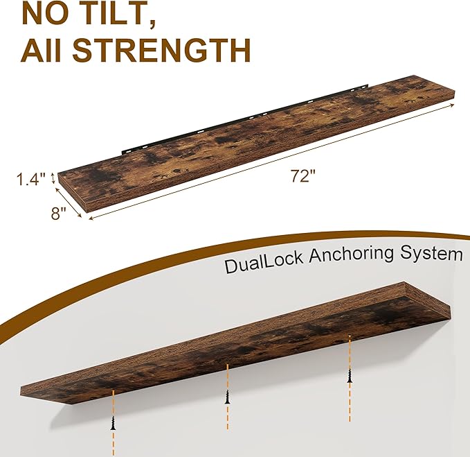 Fun Memories 72 Inch Floating Shelves, 8 Inch Deep Floating Shelf, Large Shelves with Invisible Bracket for Books|Storage, Rustic Wood Wall Shelf for Bedroom, Kitchen, Living Room, Rustic Brown