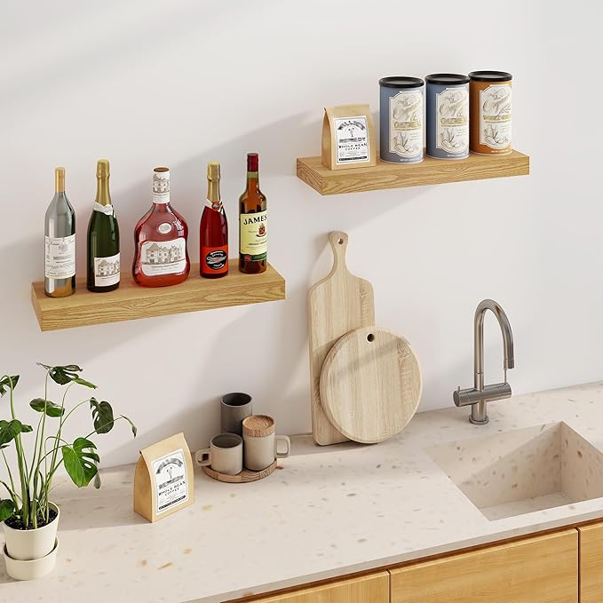 Fun Memories Floating Shelves for Wall, 24Inch Floating Shelves Set of 2, Hanging Shelf with Invisible Brackets, Wood Shelves for Living Room, Bedroom, Kitchen, Oak