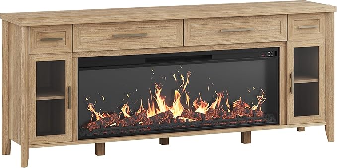 BELLEZE 74 Inch Rustic TV Stand with 48" Electric Fireplace, Extra Large Entertainment Center with Storage Cabinets & 4 Drawers, Media Console Table for Living Room Bedroom (Camel)