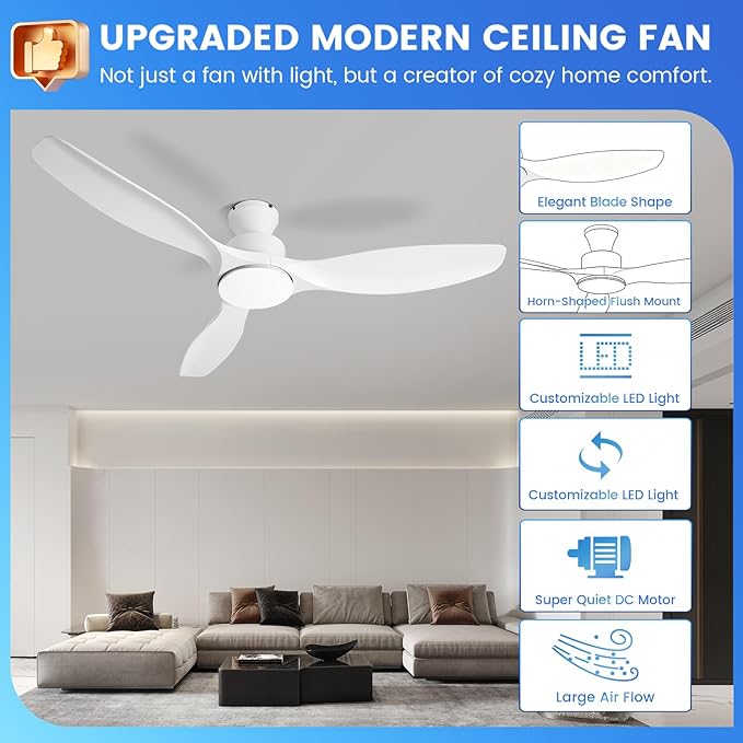 52" White Ceiling Fan with Light and Remote, Flush Mount Low Profile Ceiling Fans, Ceiling Fan with Dimmable LED Lights, 6 Speed, Silent Reversible DC Motor,White Fan for Bedroom/Living Room/Patios