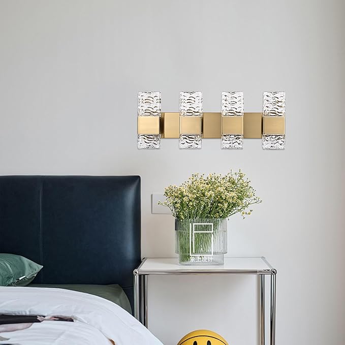 VINLUZ 4 Light LED Bathroom Light Fixtures in Brushed Brass Finish, 32W Metal Base Wall Mount Lighting with Crystal Lampshade Bath Wall Sconces for Mirror, Kitchen,Hallway