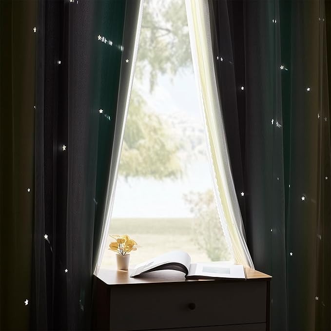 XiDi Yellow & Rainbow Curtains for Kids & Girls Room - Blackout, Grey & Green 52x72 Inch Long with Unicorn Wall Decals