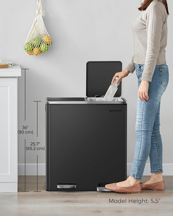 SONGMICS Trash Can, 2 x 8 Gallon (2 x 30 L) Garbage Can for Kitchen, with 15 Trash Bags, 2 Compartments, Plastic Inner Buckets and Hinged Lids, Airtight, Black ULTB60BK