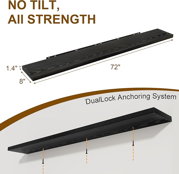 Fun Memories 72 Inch Floating Shelves for Wall, 8 Inch Deep Floating Shelf, Large Shelves with Invisible Bracket for Books|Storage, Rustic Wood Wall Shelf for Bedroom, Kitchen, Living Room, Black