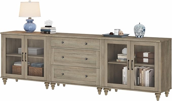 WAMPAT TV Stand for 100 Inch TV, 3-in-1 TV Console Table for 75/80/85/90 Inch TV, Entertainment Center with Glass Door & Drawer, Kitchen Sideboard Buffet Cabinet for Dining Room, Grey Wash