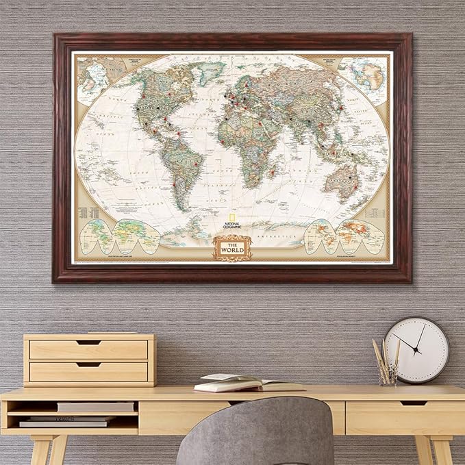 Push Pin Travel Maps Customizable Wall Art - Executive World - Solid Wood Cherry - Framed Pin Map, Includes 150 Pins - Handcrafted in USA - 27.5" x 39.5"
