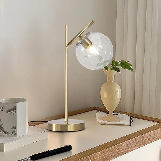 Mid Century Modern Table Lamp, Contemporary Metal Brass Bedside Lamps with Clear Glass lampshade, Gold Globe Nightstand Lamp for Bedroom Living Room Study Room