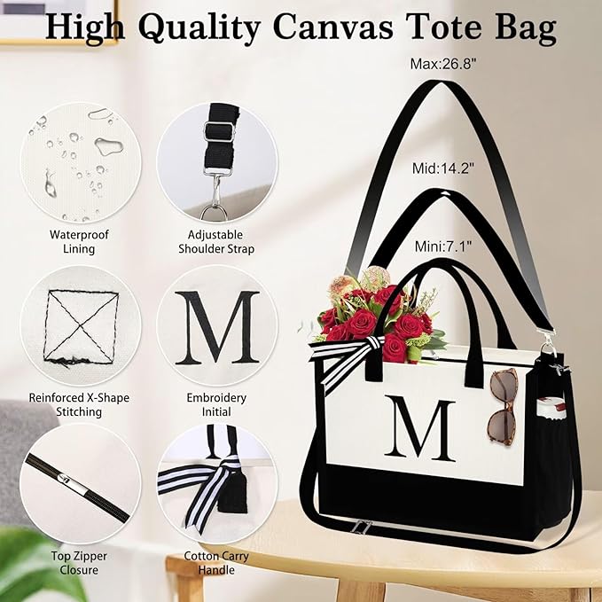 YOOLIFE Christmas Gifts for Women - Initial Canvas Tote Bag & Makeup Bag, Birthday Gifts for Women Mom Sister Friends