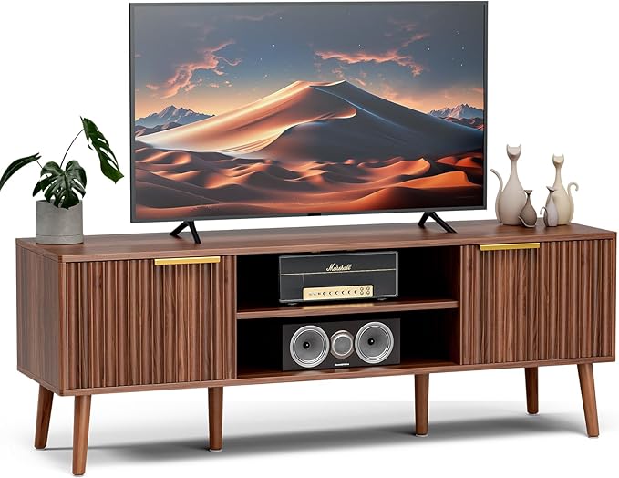 TV Stand for Living Room, Mid Century Modern Entertainment Center for 55/60 inch TVs, TV Console with Fluted Door Cabinets and Open Shelves, for Bedroom, Walnut