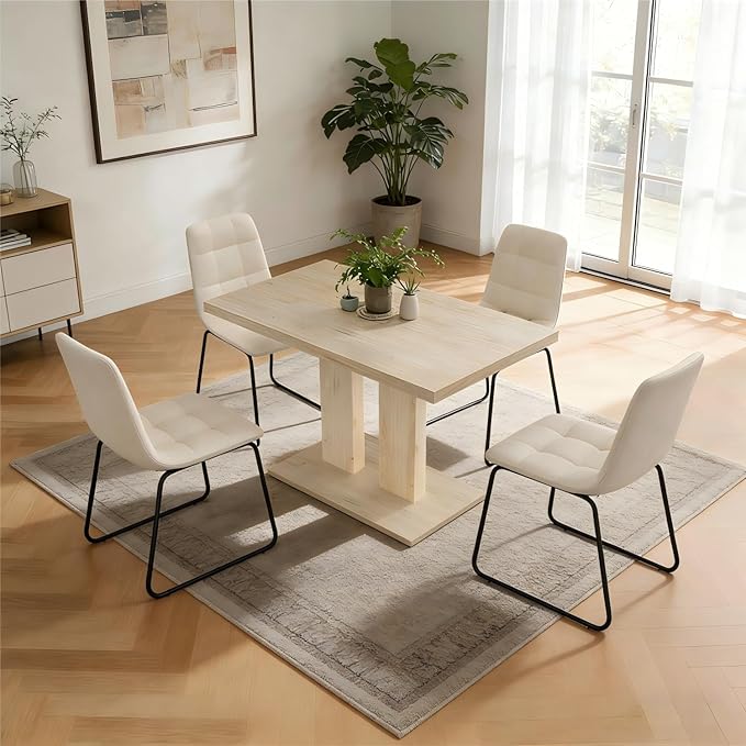 46" Dining Table for 4, Modern Rectangular Dining Room Table with Sturdy Pedestal Base, Thickened Tabletop, MDF Natural Wood Finish Kitchen Table for Breakfast Nook, Home & Apartment
