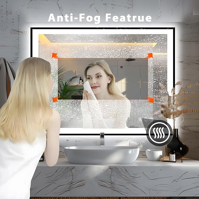 48x40 LED Bathroom Mirror for Wall, Black (Metal, Aluminum) Framed, Front Light and Backlit, 3 Colors and Dimmable Vanity Mirror, Anti-Fog, Shatter-Proof, Memory (Horizontal/Vertical)