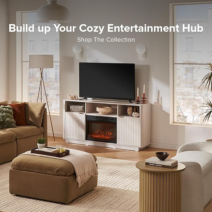 mopio Brooklyn 59" Fluted Tall TV Stand for 32/42/55/60/65 Inch TVs, Fireplace Television Console, Media Storage Cabinet, Entertainment Center for Living Room, TV Table, Credenza (White, with Insert)