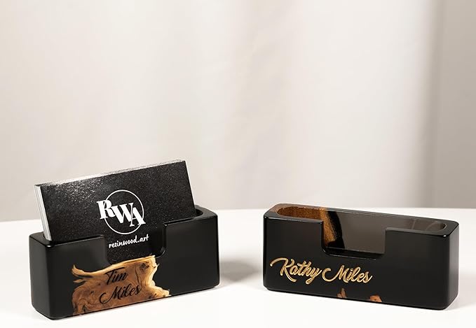 RWA Black Business Card Holder – Luxury Square Desk Organizer, Stylish Office Decor, Slim Card Holders - Wood & Epoxy Card Display Stand for Men and Women, Office Desk Accessories - SMART, black