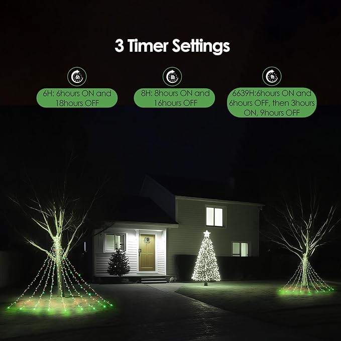 WBao 344 LED Christmas Lights Outdoor Decorations with 12" Star Topper, 11.9ft Waterfall Christmas Lights, Remote Control 8 Modes, Timer, UL Listed Waterproof for Tree Roof Porch Decor, Red Green