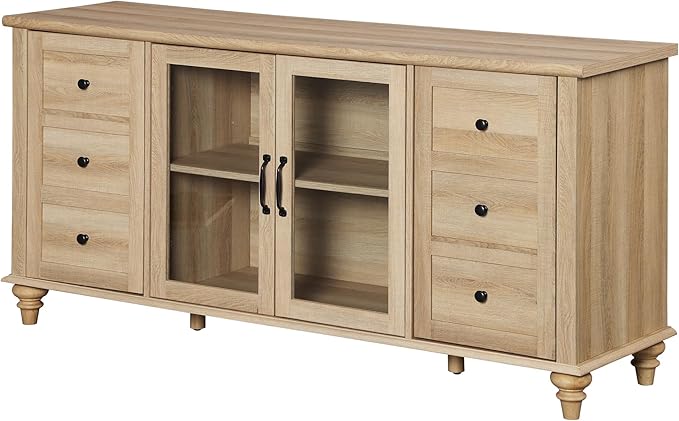 WAMPAT Farmhouse TV Stand for TVs Up to 65 inch, Wood TV Console Table with Storage Cabinets & Glass Door, Entertainment Center for 32-75 inch TV Console Cabinet, 58", Oak