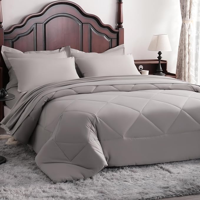 NTBAY Queen Comforter Set with Sheets, 7 Pieces Soft and Breathable Queen Bedding Set, Bed in a Bag, Down Alternative Comforter Set Solid Color All Season, Queen Bedding Set, Smoke Grey