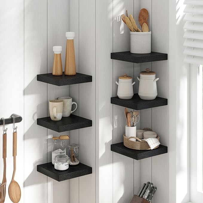 Floating Shelves for Wall with Invisible Brackets, Wall Mounted Engineered Wood Shelves with Wood Grain for Living Room, Bedroom, Bathroom, Kitchen Decor and Storage, Oak, 8"L Set of 3, Black