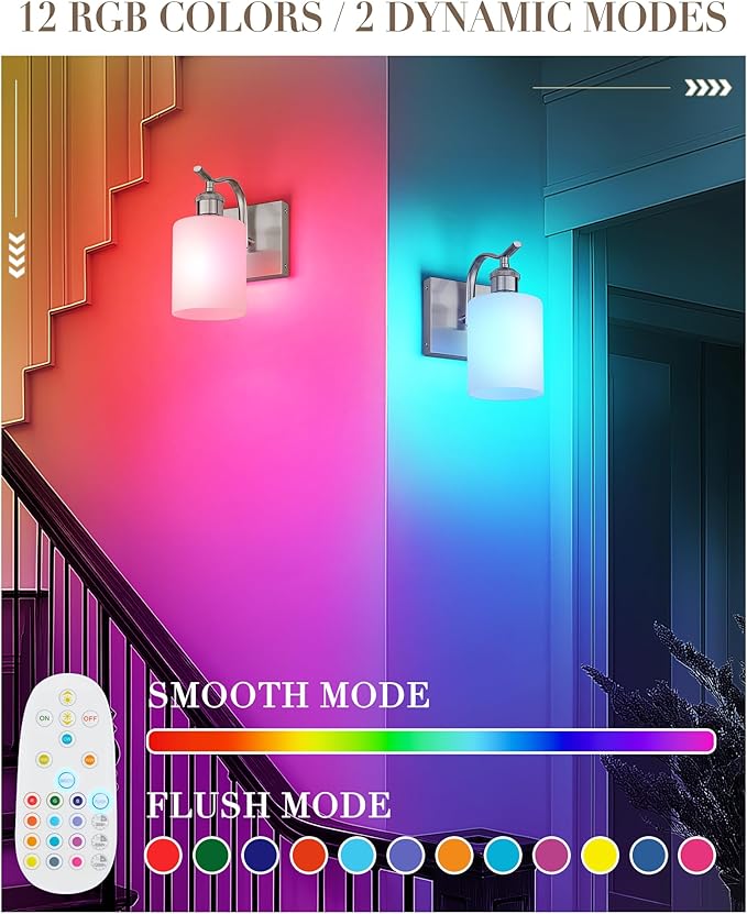 Modern Battery Operated Wall Sconce with Frosted White Glass Lampshade RGB Bulb Wireless Rechargeable Wall Light with Remote Control for Bedside Bedroom, Set of 2, Brushed Nickel ZCVL01BN-1B-2P