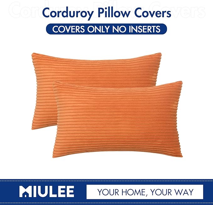 MIULEE Winter Pack of 2 Orange Pillow Covers 12x20 Inch Soft Boho Striped Corduroy Throw Pillow Covers Decorative Square Cushion Cases Pillowcases for Sofa Bedroom Couch Home Decor.