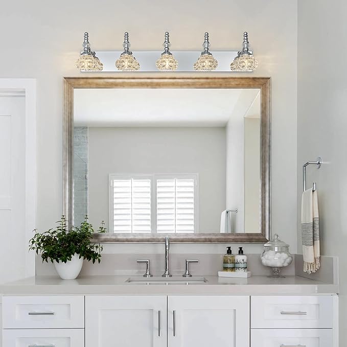 Modern Glass Crystal Vanity Light - Vintage Bathroom Lighting Fixtures Over Mirror, 5 Light Vanity Lights, G9 Bulb (35.43 Inch, Chrome)