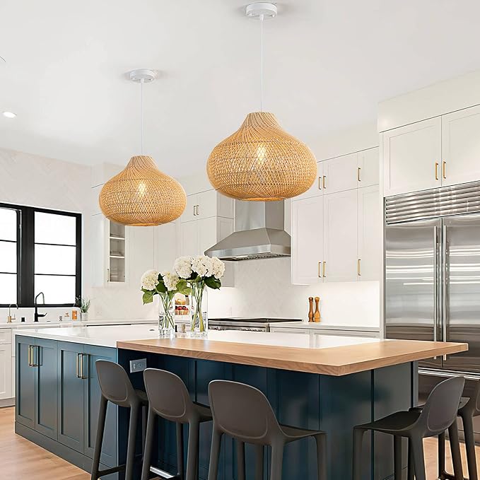 Rattan Pendant Lights, 16.5" Wicker Chandelier Hand-Woven Boho Pendant Light Rattan Basket Hanging Light for Dining Room Kitchen Island Living Room