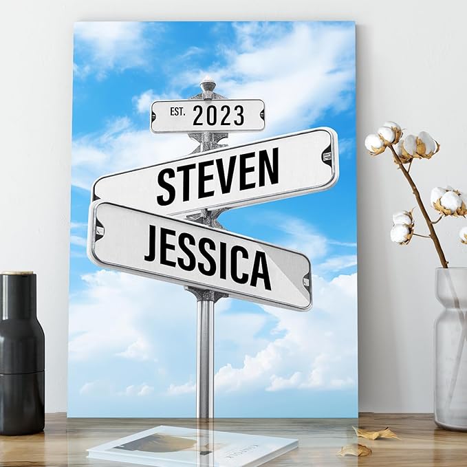 Custom Poster gifts for Couple, Personalized Canvas Vintage Street Signs Name and Date, family wall decor for living room, Valentine's Day, Christmas, wedding gifts for couples (Anniversary Art 09)