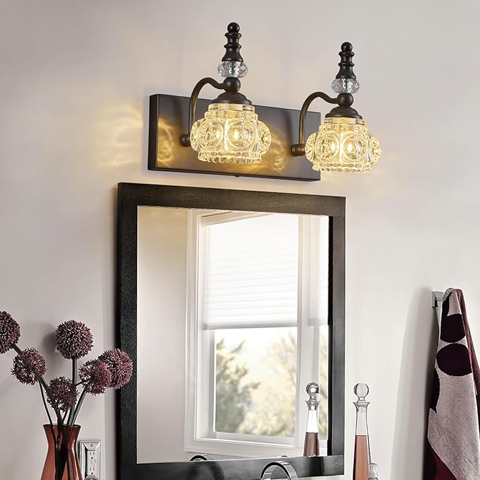 Modern Glass Crystal Bathroom Vanity Light Indoor Wall Lamp Black Vintage Wall Sconces 2-Lights Vanity Lighting Wall Mounted Sconce Wall Lighting