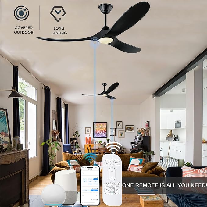 70 inch Outdoor Ceiling Fans with Lights for Patios Waterproof, Large Black Smart Ceiling Fan, DC Motor, 3CCT 22W Dimmable Lights, Industrial Propeller Ceiling Fan for Porch Exterior Indoor