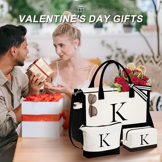 YOOLIFE Christmas Gifts for Women - Initial Canvas Tote Bag & Makeup Bag, Birthday Gifts for Women Mom Sister Friends