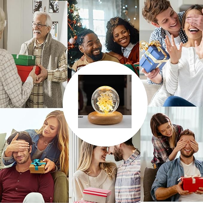 Daisy Gifts, Daisy Crystal Ball Night Light, 2.76 inch Glass Ball Lamp with Wooden Base, Perfect Daisy Décor & Daisy Gifts for Mom(White Daisy)